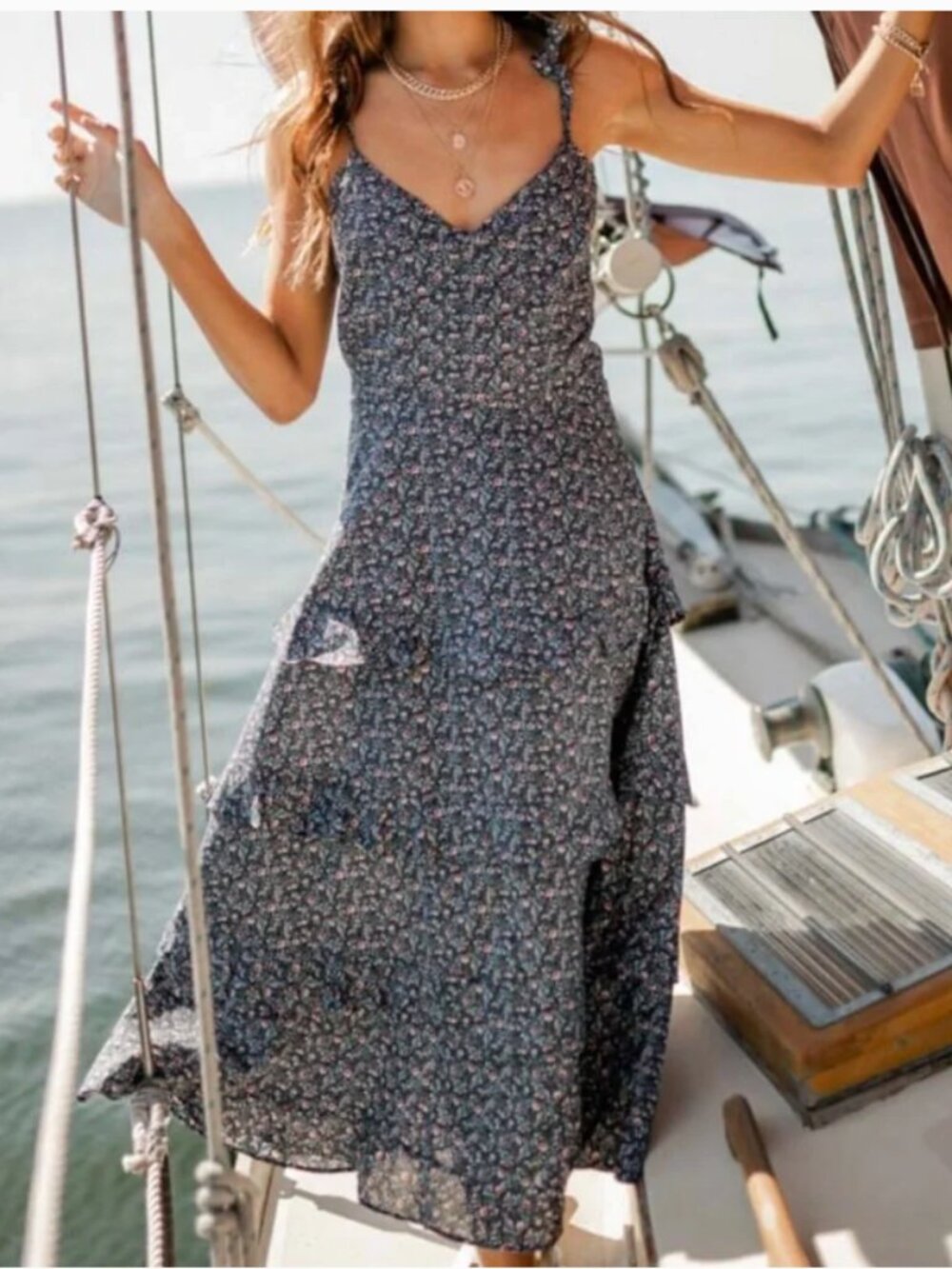 NWT Bohme Zunia Tiered Midi Dress Sleeveless Floral Women's Small Navy